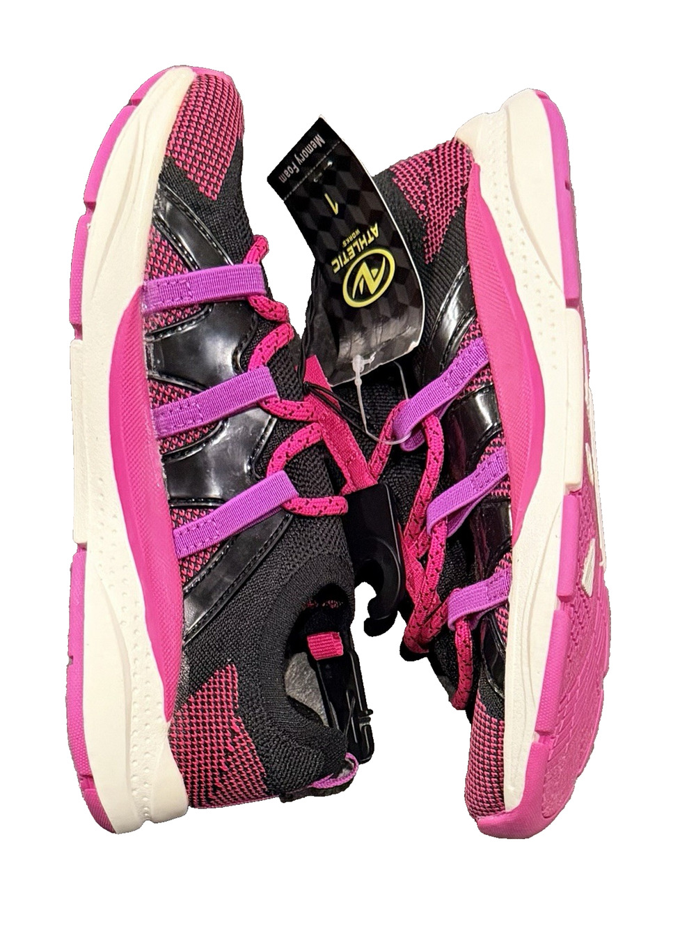 New Athletic Works Girls Size 1 Memory Foam Knit Sneakers Black & Pink NWT